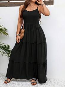 SHEIN LUNE Plus Size Spaghetti Strap Backless Xù Hem Đầm hoa duyên dáng - màu đen - Xem 3
