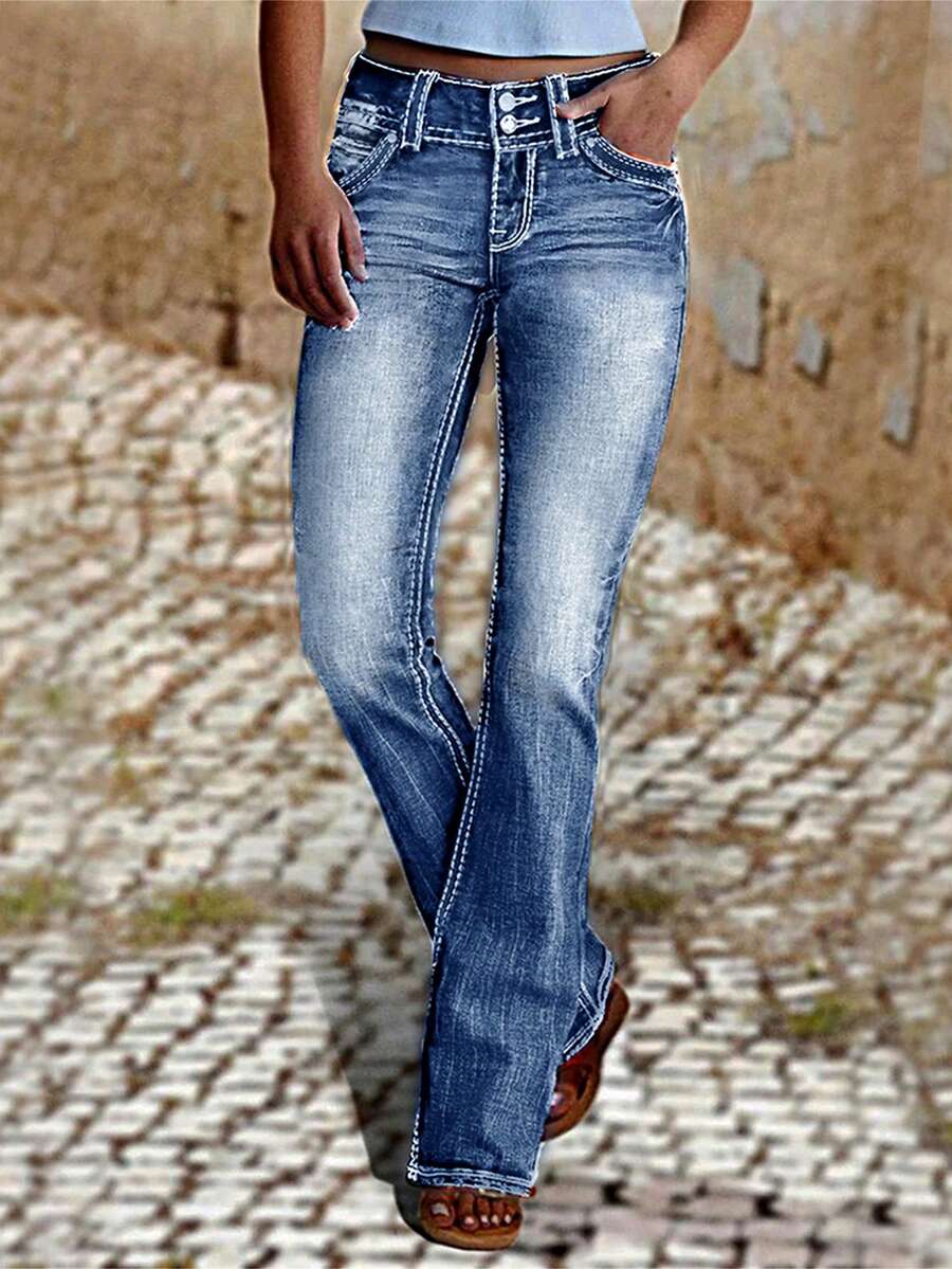 Elegant High Waist Stretch Flared Jeans - Women's Vintage Washed Bootcut Denim Pants, Classic Retro 70s Style, Comfortable Skinny Fit Casual Trousers - 深色水洗藍 - 查看 1