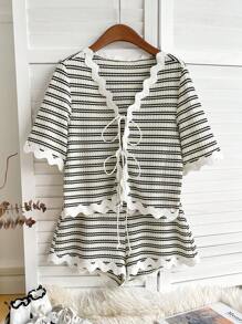 Soleia Casual Vacation Knit Striped Top With Front Tie Contrast Wavy Trim & Contrast Wavy Trim Shorts - White - View 3