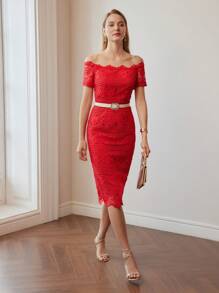 MOTF Women's Off-Shoulder Fitted Short Sleeve Summer Dress - Red - View 8