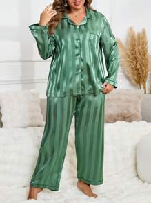 Plus Size Striped Long Sleeve Top And Pants Pajama Set Cozy Outfits, Fall Winter Clothes - Green - View 6