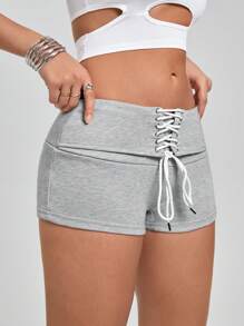 Easithlete Design cu șnur pentru damă, culoare uni, pantaloni scurți sport simpli și casual - Gri - Vizualizare 4