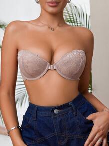 DesireSculpt Sujetador bandeau de encaje sin tirantes con cierre frontal, lencería para mujer - Albaricoque - Ver 4