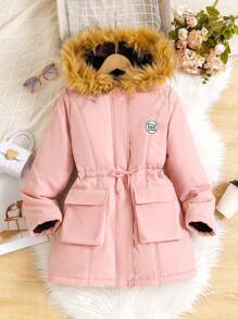 Tween Girls Furry Lined Hooded Cinched Waist Pockets  Parka Jacket, Winter - Pink - View 1