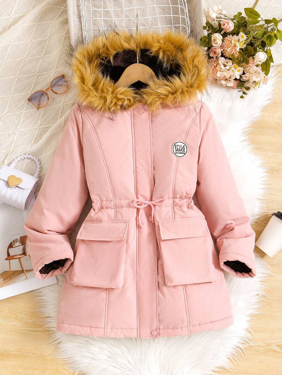 Tween Girls Furry Lined Hooded Cinched Waist Pockets  Parka Jacket, Winter - Pink - View 1