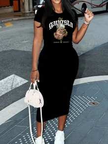 Slaydiva Mid-Calf Length Casual Fitted Short Sleeve Crew Neck Women's Dress With Dollar Sign Print, Suitable For Summer Suitable For Going Out Chic Dress - Black - View 1