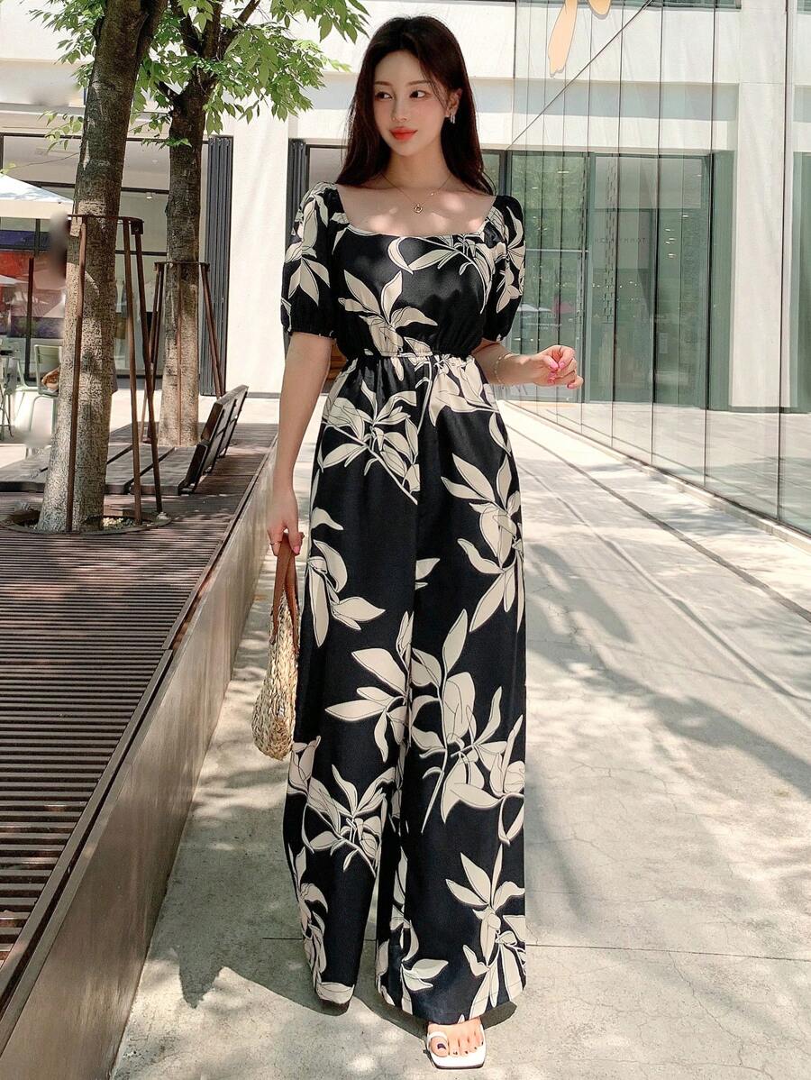 DAZY 女士碎花露肩连体裤，休闲宽松裤装，女士度假套装 - 黑色 - 查看 1