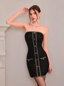 Aveloria Rosie 女士优雅露背粗花呢修身迷你连衣裙 - 黑色 - 查看 6