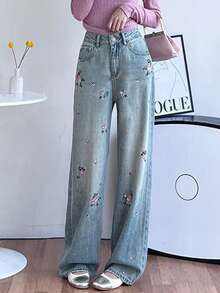 Design Sense Embroidered Jeans Women's Bottoms Spring Summer Washed Blue Loose Straight Leg Casual Denim Pants - Light Wash - View 1