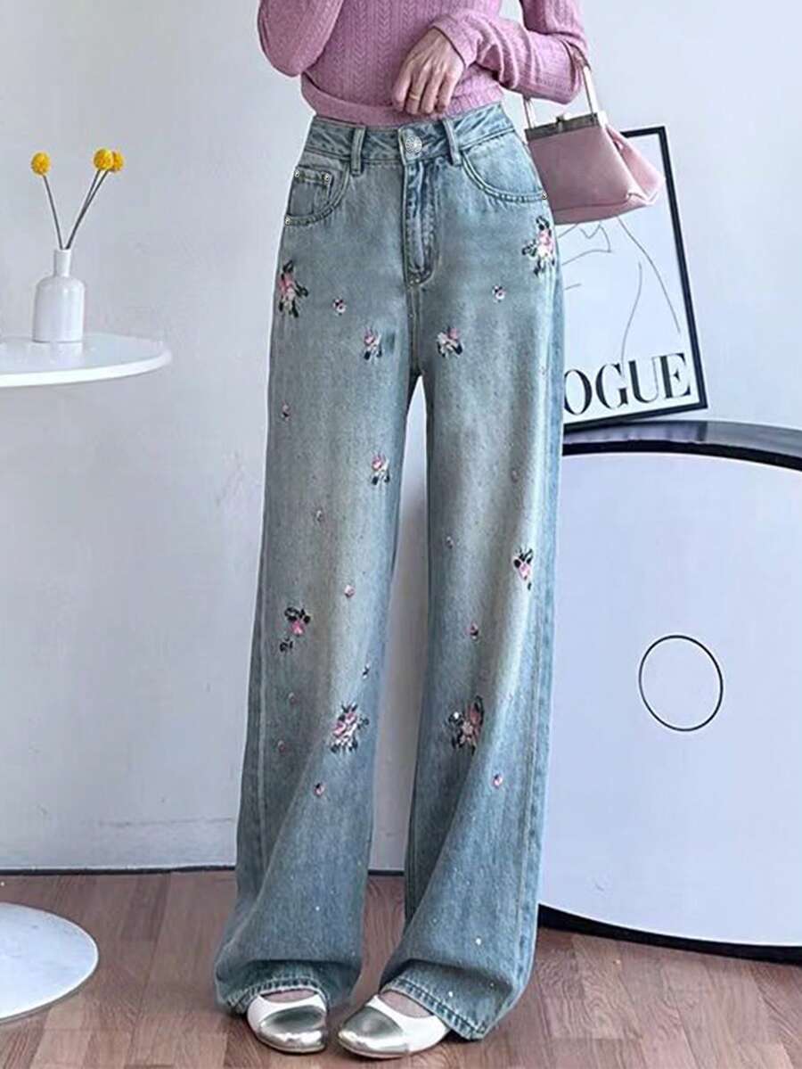 Design Sense Embroidered Jeans Women's Bottoms Spring Summer Washed Blue Loose Straight Leg Casual Denim Pants - Light Wash - View 1
