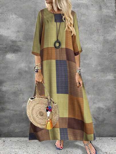 EMERY ROSE Vestido informal midi holgado con estampado de bloques de color y mangas 3/4 para mujer, atuendo maxi para mujer