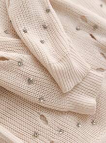 SHEIN Essnce Plus Size Women's Rhinestone Hollow Pullover Sweater - Beige - View 4