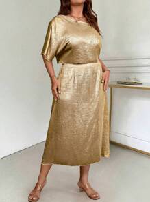 SHEIN Unity Ensemble de 2 pièces à la mode pour l'été: Haut à col asymétrique de couleur unie et longue jupe asymétrique pour femmes grandes tailles - Doré - Voir 6