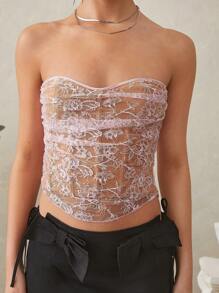 SHEIN Unity Lace Layer Cute Tube Fashion Corset Top - Pink - View 3