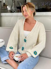 EURMUSE Women Handmade Flower Accessory Front Button Drop Shoulder Cardigan - White - View 1