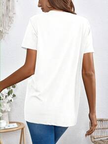 SHEIN 孕妇心形印花哺乳 T 恤，休闲短袖哺乳上衣，适合孕妇