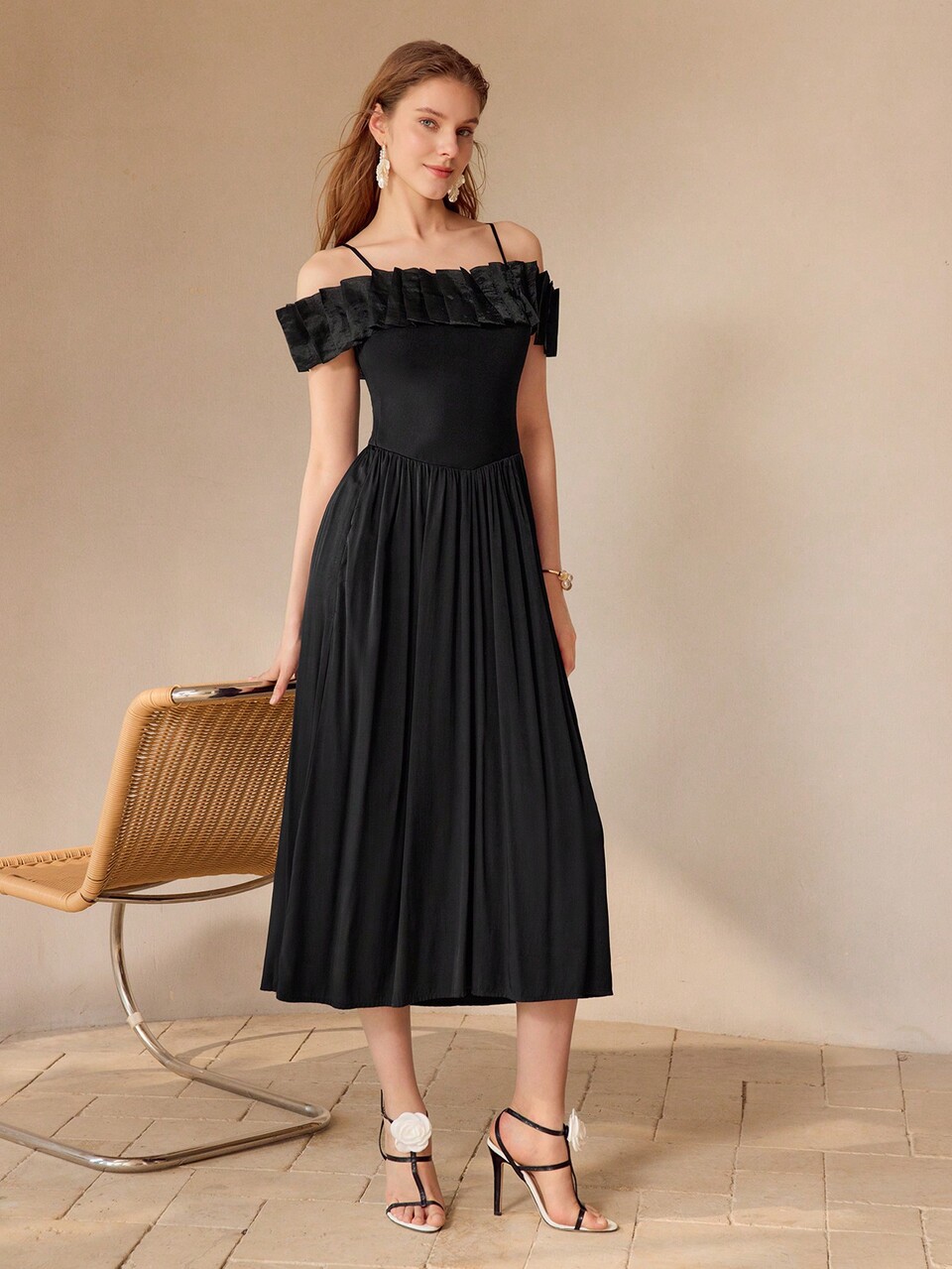 MOTF SOLID FOLD PLEATED COLD SHOULDER FLARE HEM DRESS