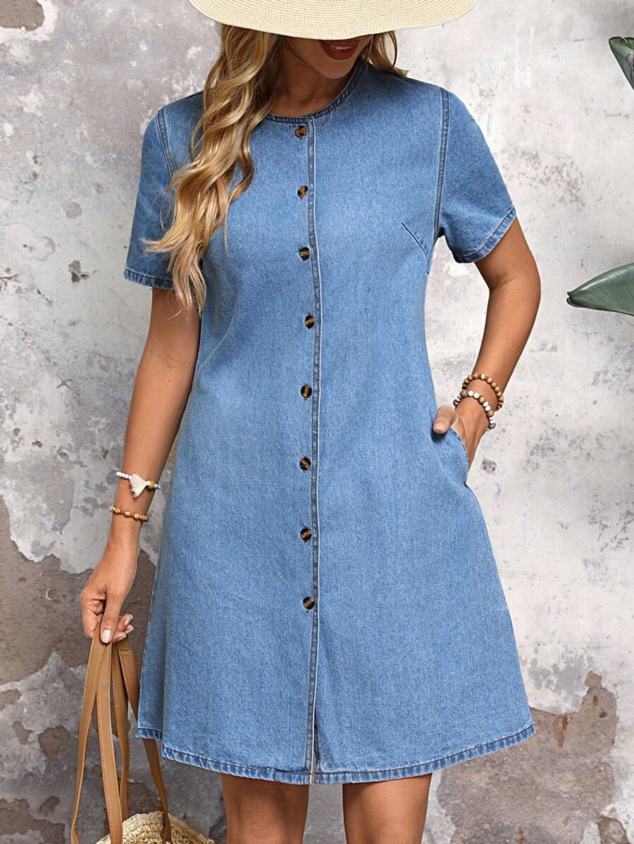 SHEIN LUNE Women Plain Simple Daily Short Sleeve Denim Dress - Medium Wash - View 1