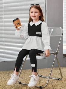 SHEIN 2 piezas Conjunto de blusa con mangas abullonadas y pantalones de bloque de color elegante para niña joven