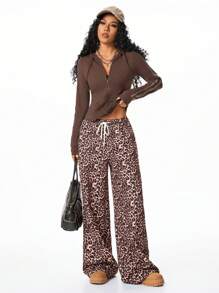SHEIN EZwear Women Fall/Winter Brown Sportswear Leopard Woven Tape Long Sleeve Workout Sweatshirt,Workout Jacket,Back To School - Coffee Brown - View 7