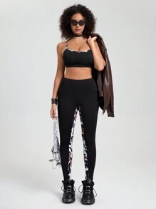 Easithlete Sujetador deportivo casual con estampado de leopardo, de tirantes finos y espalda descubierta con diseño cruzado para mujer - Negro - Ver 3