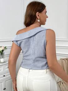 SHEIN Privé Plus Size Women's Asymmetric Collar Asymmetrical Hem Zipper Closure Striped Print Sleeveless Shirt, Summer - Blue and White - View 8