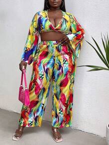 Maweii Conjunto De Regata Plus Size Feminina De Estampa Floral Com Frente Torcida, Manga Flare E Calça - Amarelo - Ver 1