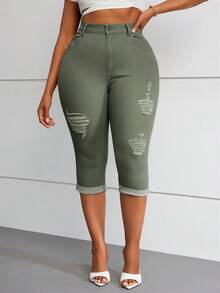 SHEIN LUNE 大码女式前扣多口袋破洞休闲牛仔裤 - 軍綠色 - 查看 7