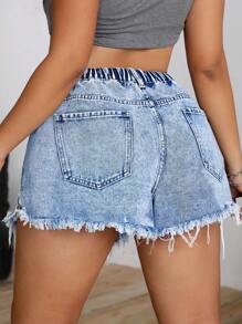 SHEIN ICON Plus Size Distressed Washed Denim Shorts, For Summer - Light Wash - View 2