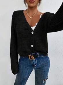 SHEIN LUNE Solid Color Long Sleeve Front Button Casual Black Cardigan - Black - View 4
