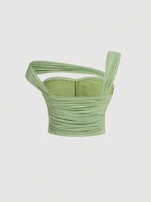 SHEIN MOD 加大码不对称肩带花卉装饰弹力网眼褶皱吊带背心