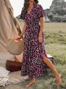 SHEIN Clasi Women Summer Leopard Print V-Neck Lotus Leaf Short Sleeve Waist Long Casual Dress