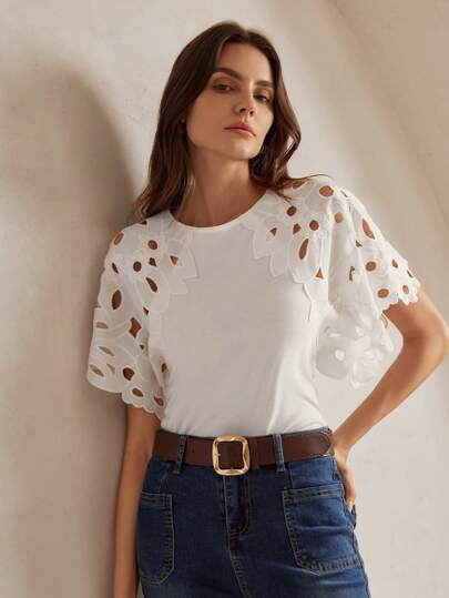 Anewsta Camiseta de manga corta con cuello redondo de unicolor y ribete de volantes para mujer en verano