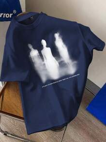 Claim Dot Men's Figure Silhouette Printed Crew Neck Short Sleeve T-Shirt, Summer, Dark Blue Graphic Tee, Blue Graphic Tshirt - Navy Blue - View 1