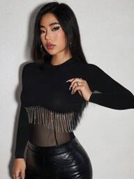 VaVaBold Jesienno-zimowa odzież dzianinowa, prążkowana, prześwitująca, body z ozdobami z kryształków i frędzli