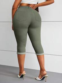 SHEIN LUNE 大码女式前扣多口袋破洞休闲牛仔裤 - 軍綠色 - 查看 2