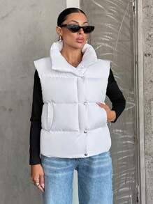 EURMUSE Short Vest With Two Pockets, Sleeves Puffer Jacket With Zip - White - View 4