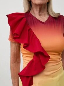 SHEIN LUNE Ensemble deux-pièces femme, T-shirt à col V à volants dégradé et pantalon, manches courtes, été - Multicolore - Voir 9