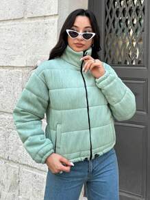SHEIN Tall Women's Petite Corduray Puffer Coat - Green - View 4