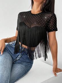 SHEIN Privé Top corto sexy con brillos y flecos para mujer