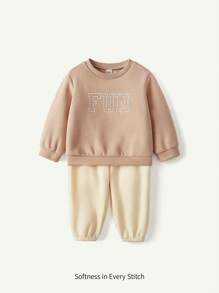 Cozy Pixies 2pcs Baby Boy's Casual Letter Print Round Neck Drop Shoulder Sweatshirt And Cuffed Pants Set - Camel - View 1