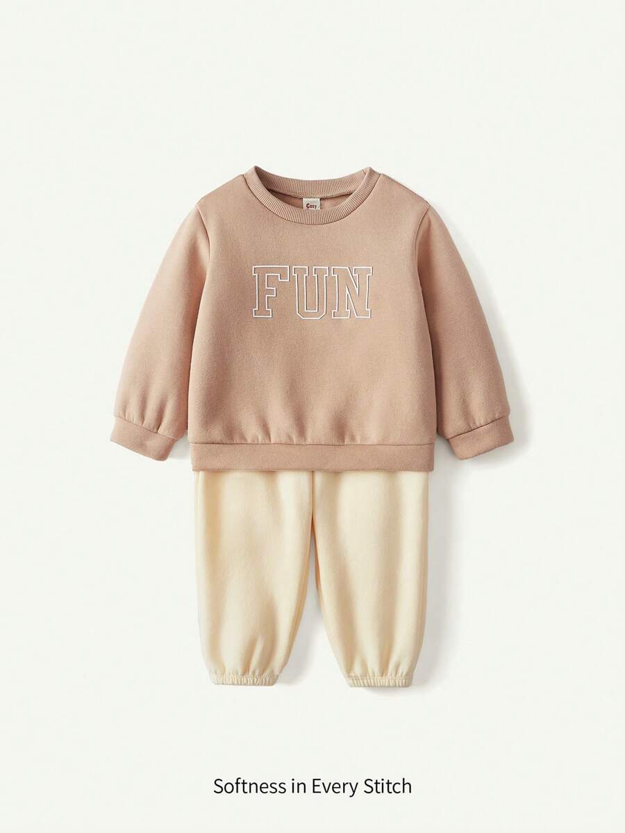 Cozy Pixies 2pcs Baby Boy's Casual Letter Print Round Neck Drop Shoulder Sweatshirt And Cuffed Pants Set - Camel - View 1