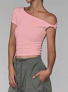 SHEIN EZwear Áo thun trơn màu đơn giản dành cho nữ, mùa hè - Hồng - Xem 4