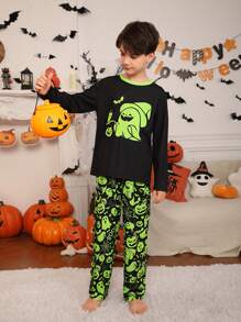 SHEIN Tween Boy Glow-In-The-Dark Cartoon Print Long Sleeve Top And Pants Relaxed Fit Flame Retardant Pajama Set, Daddy And Me Matching Outfits (3 Sets Sold Separately) - Black - View 5