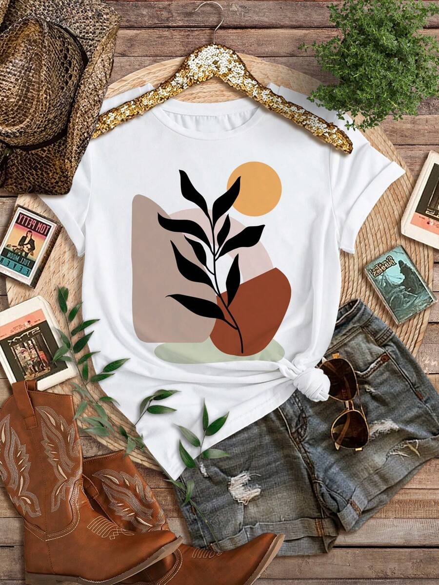 SHEIN Leap Crew T-shirt à manches courtes d'été pour adolescentes, imprimé graphique de dessin animé décontracté, mélange de coton