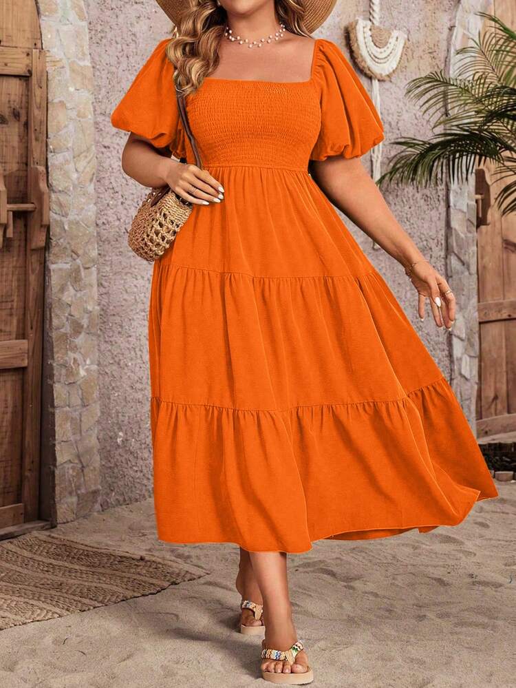 SHEIN Holidaya Plus Size Women's Square Neck Puff Sleeve Ruffled