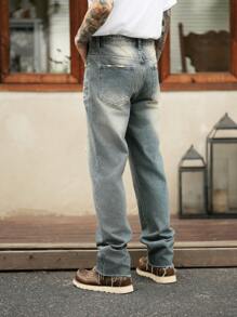 Manfinity Homme 男士潑墨印花破洞直筒牛仔褲 - 水鴨藍 - 查看 2