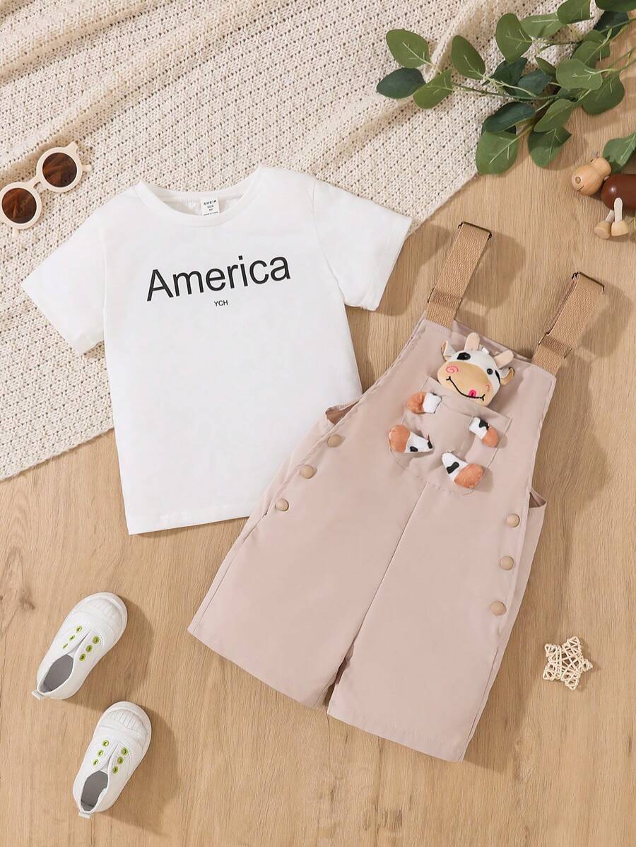 2pcs Young Girls' Casual Letter Print Round Neck Short Sleeve Top And Khaki Suspender Shorts Set - Multicolor - View 1