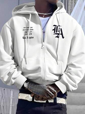 Manfinity LEGND Men Loose Fit Slogan Printed Drawstring Hooded Fleece Sweatshirt, For Fall Winter, Long Sleeve Top