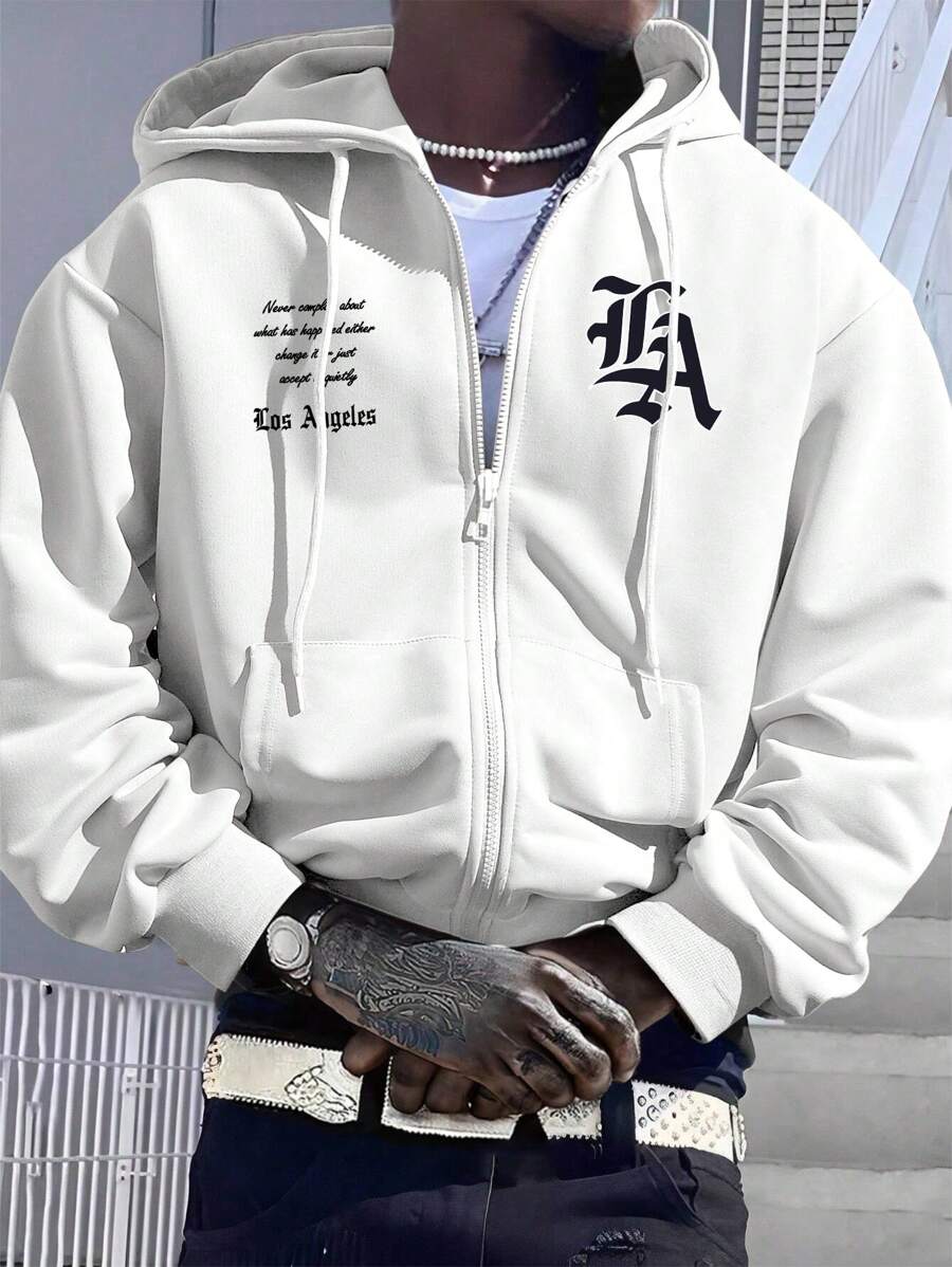 Manfinity LEGND 男士宽松印花抽绳连帽抓绒卫衣，适合秋冬季节，长袖上衣 - 白色 - 查看 1